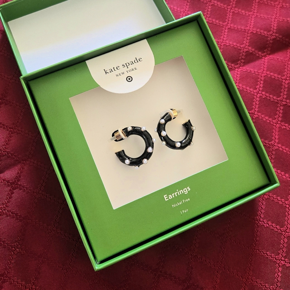 🖤 NIB Kate Spade / Black & White Pearl Polka Dot Hoop Earrings - Picture 1 of 5